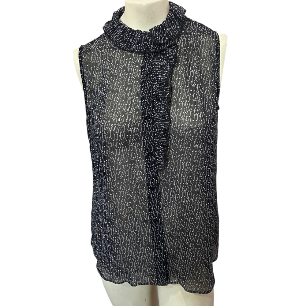 CAbi Music Note Print Ruffle Blouse Sleeveless Button Front Top Women's Small